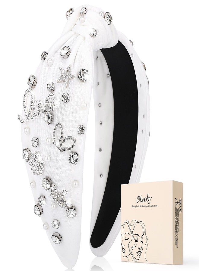 obeoby Valentine's Day Headband for Women, White Knotted Headbands with Rhinestone Crystal Wedding Gifts Bride Hairband - Image 1